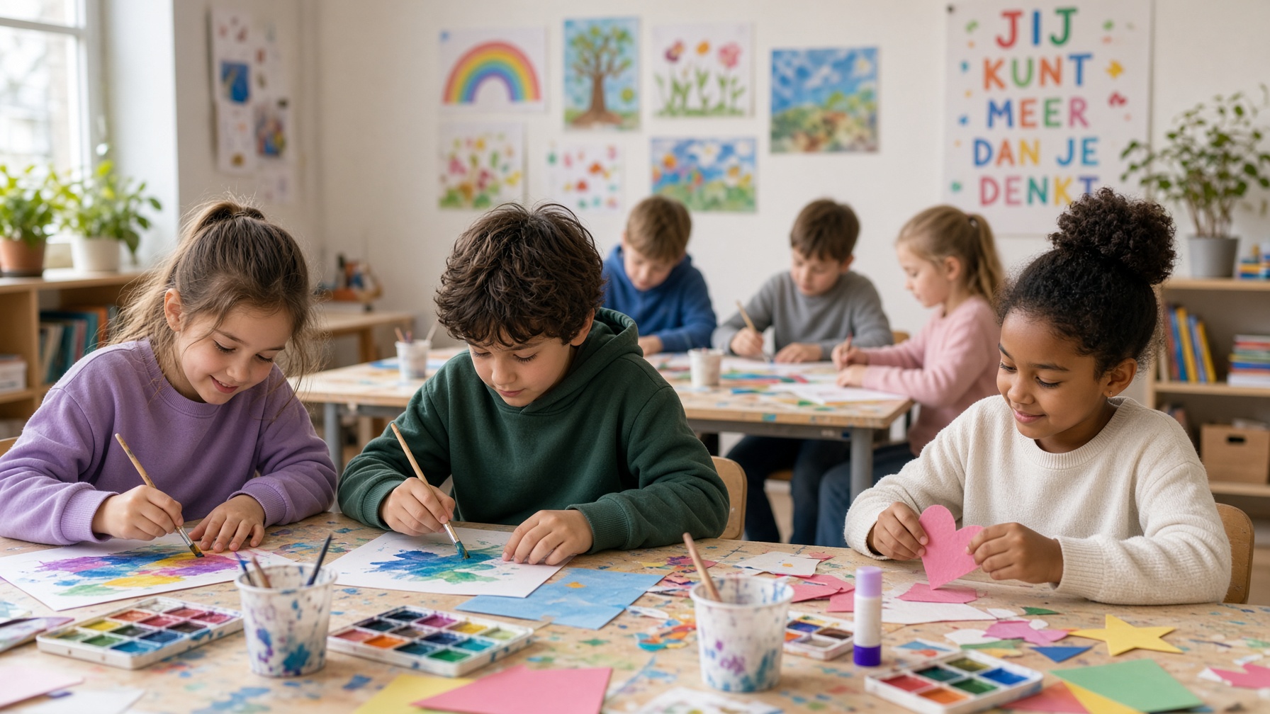 Kinderen die samen creatief werken tijdens een schoolworkshop